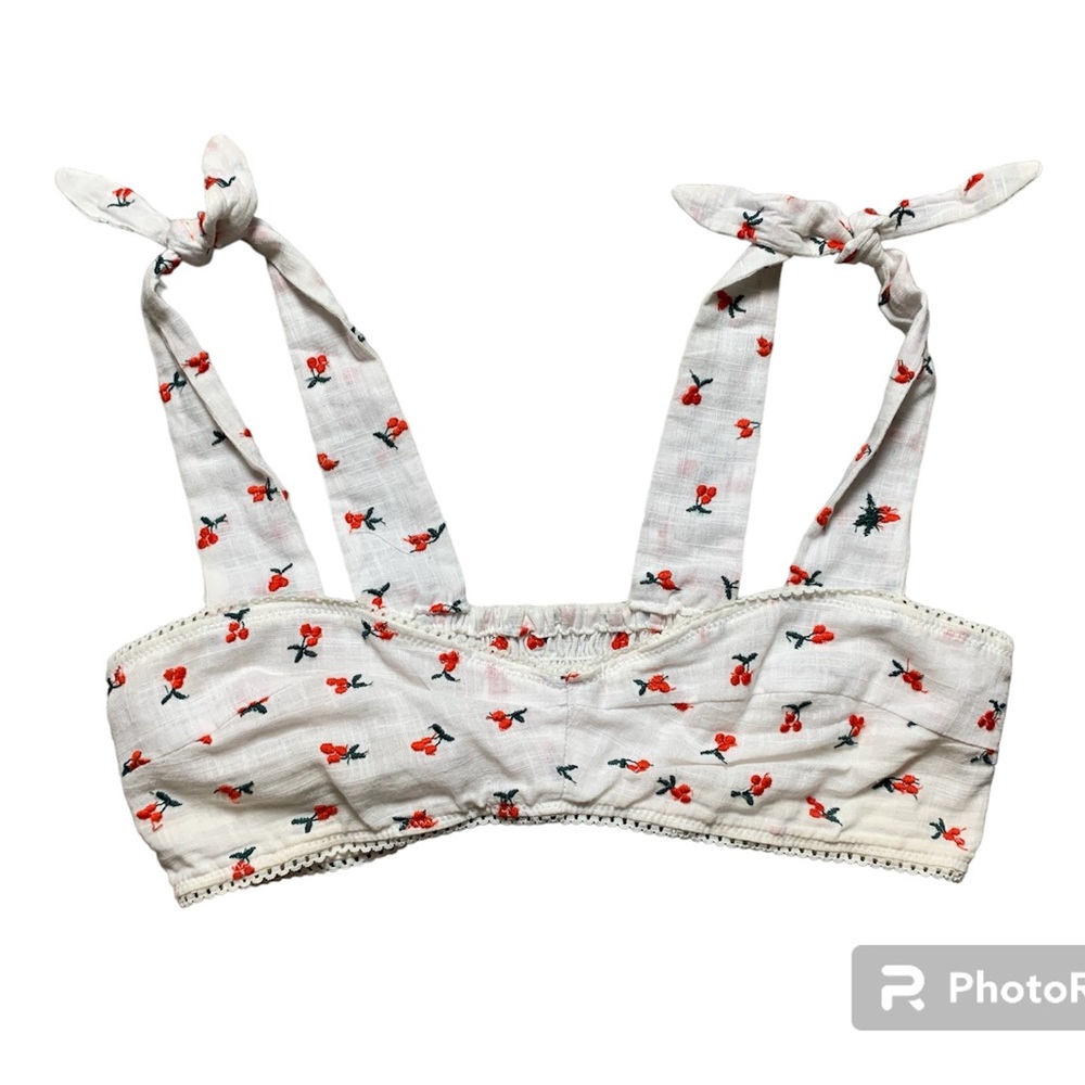 Free People Britt Embroidered Bralette White Cherry Print Knotted Strap XS